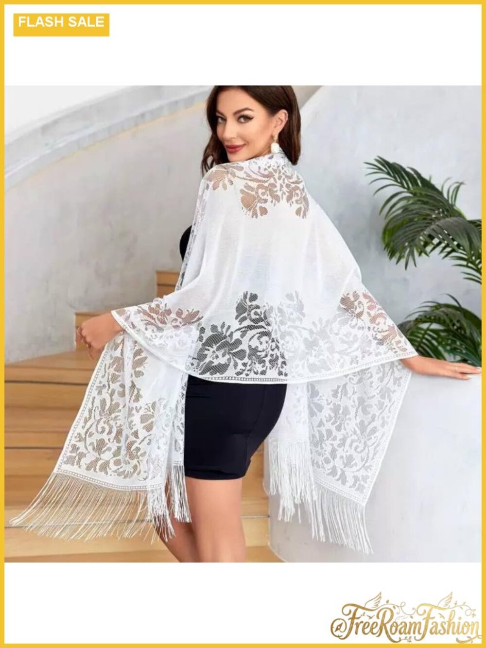 White Lace Shawl Wrap Floral Tassel Stole Sheer Fringe Wedding Cover-Up